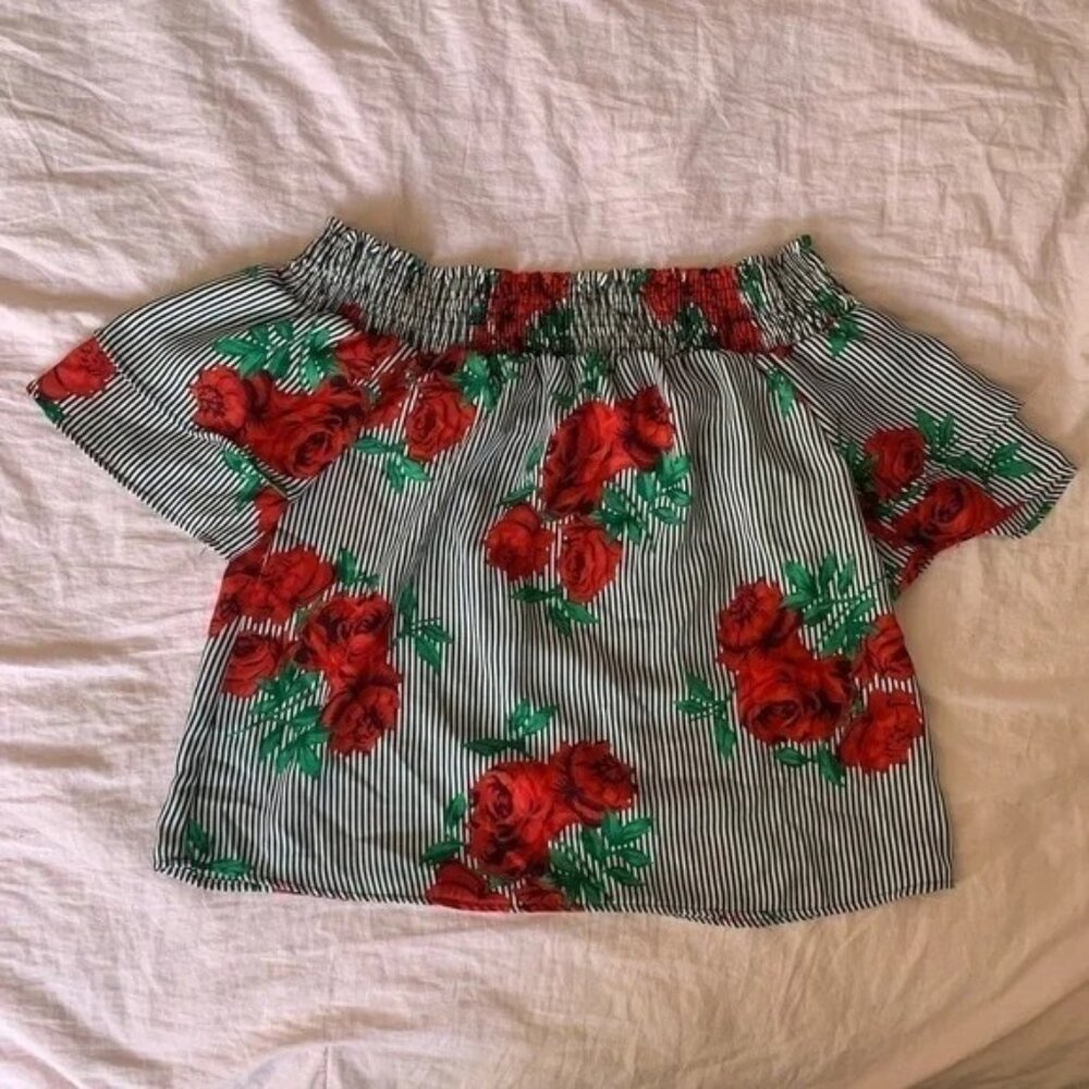 Indulge Off The Shoulder Crop Black Striped Floral Top Size X Large